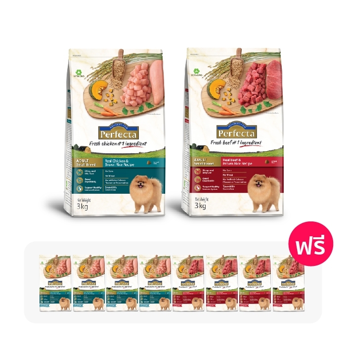 Perfecta อาหารสุนัขเกรดพรีเมียม 3kg. รสไก่ 1 ถุง + รสเนื้อ 1 ถุง สำหรับสุนัขพันธุ์เล็ก อายุ 1 ปีขึ้นไป
