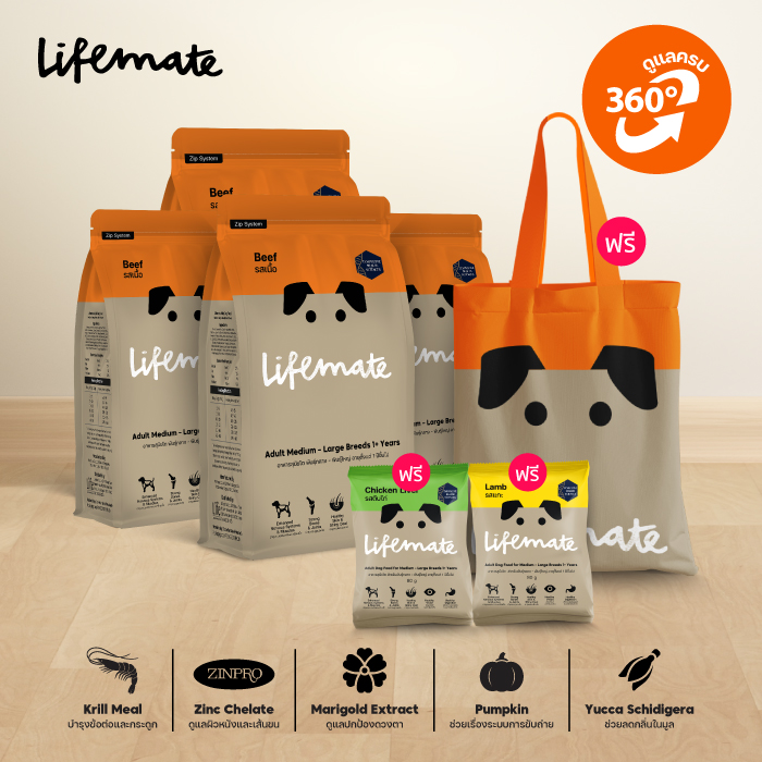 Lifemate (ไลฟ์เมต) อาหารสุนัข อาหารสุนัขโต สำหรับสุนัขพันธุ์กลาง - พันธุ์ใหญ่ รสเนื้อ (อายุ 1ปีขึ้นไป)