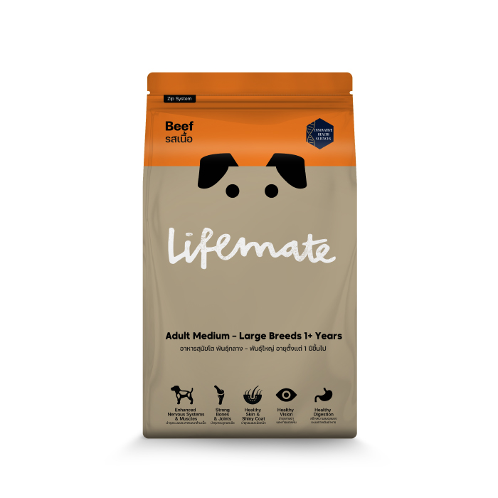 Lifemate (ไลฟ์เมต) อาหารสุนัข อาหารสุนัขโต สำหรับสุนัขพันธุ์กลาง - พันธุ์ใหญ่ รสเนื้อ (อายุ 1ปีขึ้นไป)