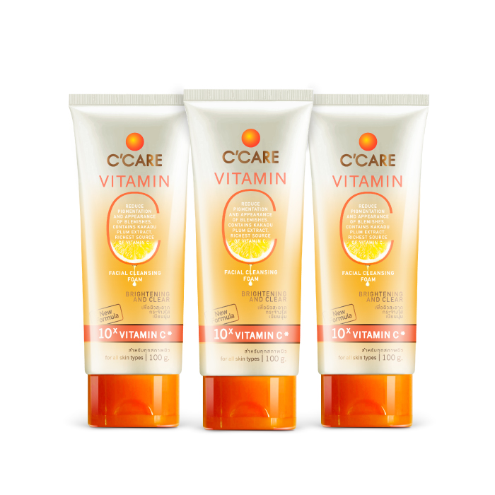 C'CARE ซีแคร์ วิตามินซี เฟเชียล คลีนซิ่ง โฟม โฟมล้างหน้า เพื่อผิวสะอาด เนียนนุ่ม กระจ่างใสอย่างเป็นธรรมชาติ (100g.) 3 หลอด