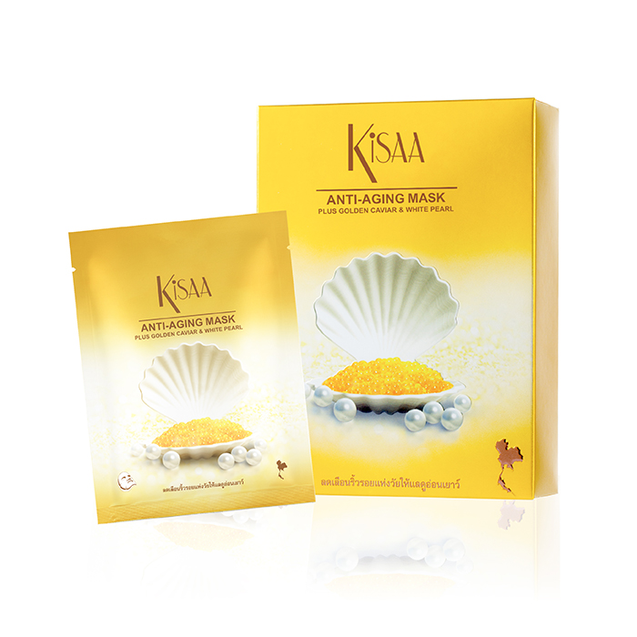 KISAA ANTI-AGING MASK แผ่นมาส์กหน้า โกลด์คาเวียร์ ไข่มุก และปะการัง ช่วยฟื้นบำรุงผิว ลดเลือนริ้วรอย 1 กล่อง (10 แผ่น)