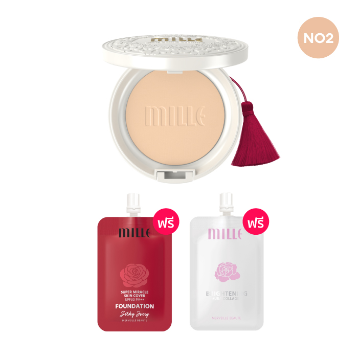 MILLE (มิลเล่) แป้งราชินีกุหลาบ SPF48 PA++ แป้งผสมรองพื้น สูตรไวท์เทนนิ่ง ปิดรอยสิว คุมมัน กันน้ำ กันเหงื่อ (เบอร์ 02 Natural)