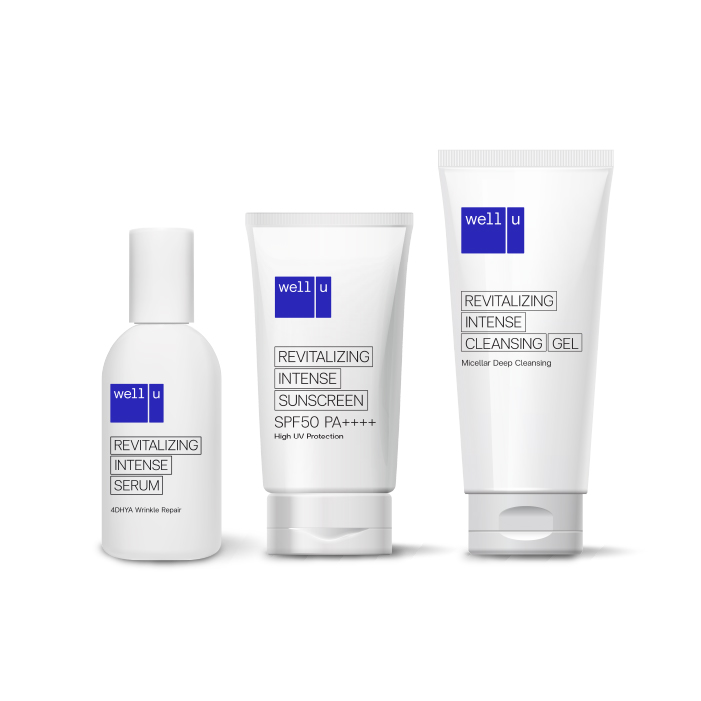 well u เซตดูแลผิวหน้า Revitalizing Intense Serum + Sunscreen SPF50 PA++++ + Cleansing Gel ผิวเนียน กระชับ กระจ่างใส ไม่กลัวแสง ไม่ระคายเคืองผิว