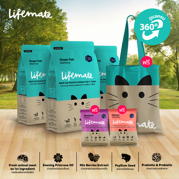 Lifemate (ไลฟ์เมต) อาหารแมว อาหารแมวเลี้ยงนอกบ้าน รสปลาทะเล (สำหรับแมวโต อายุ 1ปีขึ้นไป) โปรโมชั่นแถมถุงผ้า
