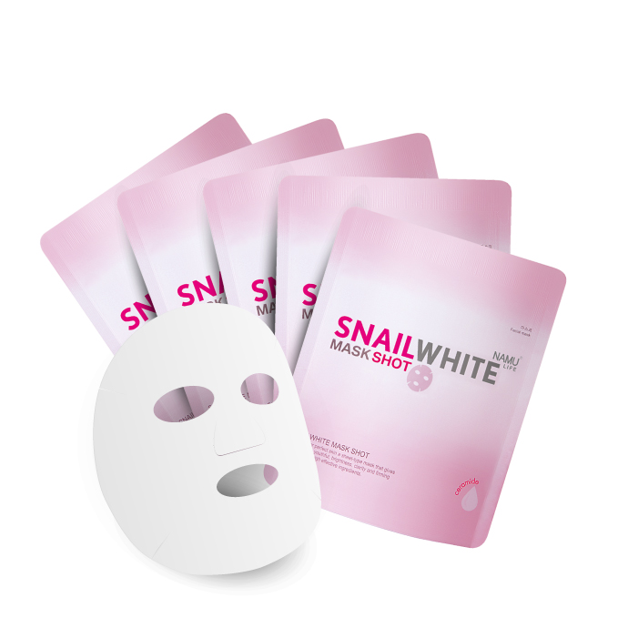 แผ่นมาส์กบำรุงผิวหน้า นามุ ไลฟ์ สเนลไวท์ (NAMU LIFE Snailwhite Maskshot) สารสกัดจากเมือกหอยทาก และเซรามายด์เข้มข้น จากประเทศเกาหลี