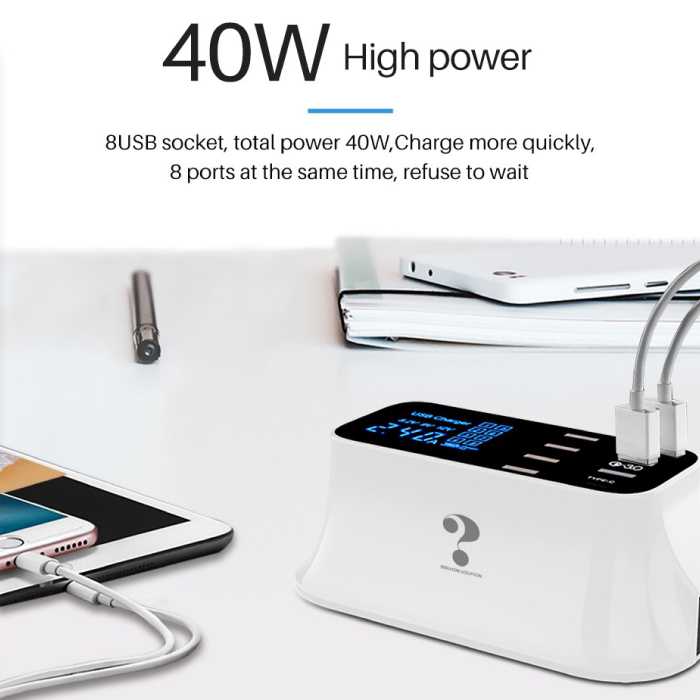 ปลั๊กไฟ Aibevi CD-A19Q อะแดปเตอร์ชาร์จเร็ว (ปลั๊กชาร์จ 8 ช่อง) มีช่องเสียบ USB และสายชาร์จ Type C พร้อมหน้าจอแสดงผล LED